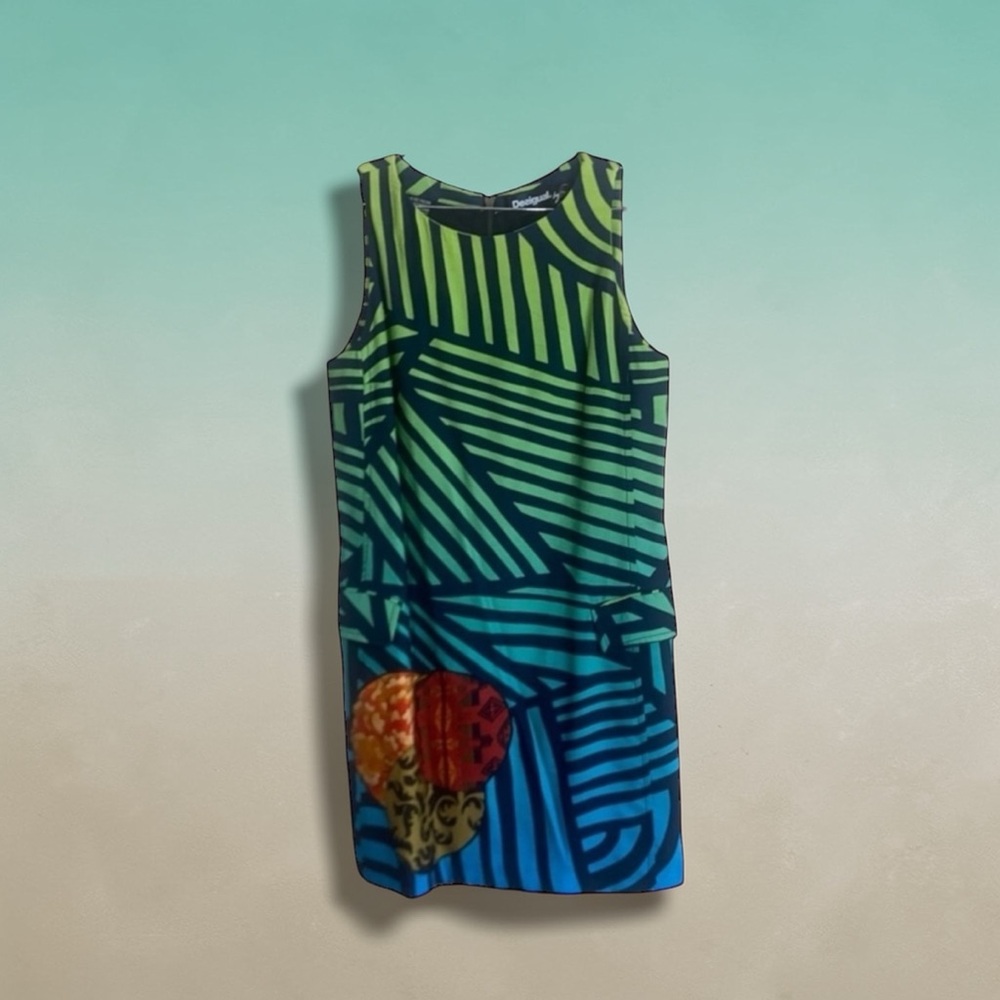 DESIGUAL Graphic Sheath Dress Lined Sleeveless Artsy Asian Appliqué Pocket SZ 38